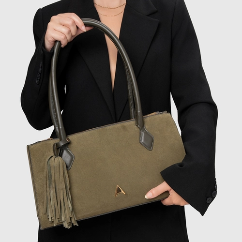 Bolsa Tote Allora Grande Couro Suede Verde Army Green