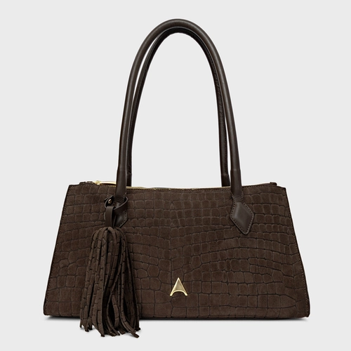 Bolsa Tote Allora Grande Couro Croco Suede Marrom Dark Brown