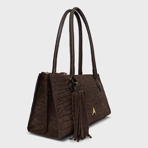 Bolsa Tote Allora Grande Couro Croco Suede Marrom Dark Brown