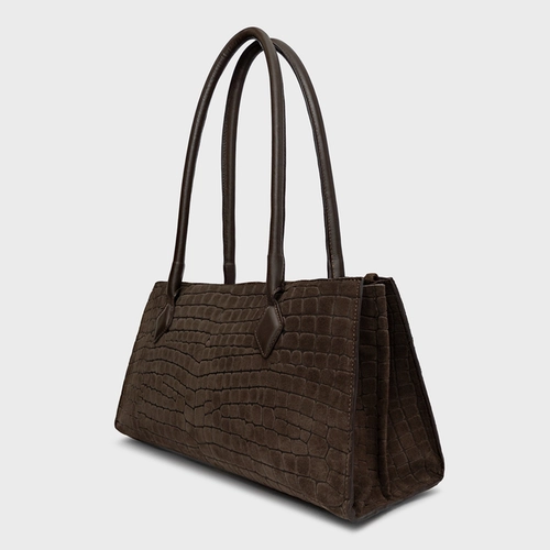 Bolsa Tote Allora Grande Couro Croco Suede Marrom Dark Brown