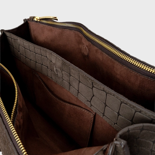 Bolsa Tote Allora Grande Couro Croco Suede Marrom Dark Brown