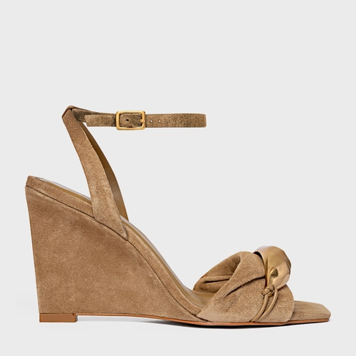 Sandália Gold Salto Anabela Couro Suede Bege Almond