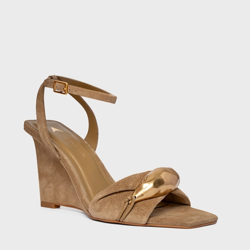 Sandália Gold Salto Anabela Couro Suede Bege Almond