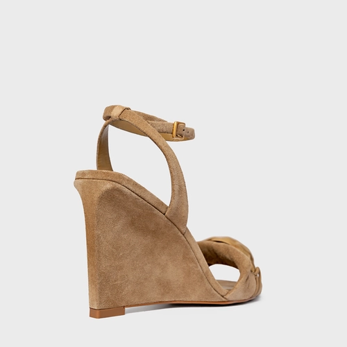 Sandália Gold Salto Anabela Couro Suede Bege Almond
