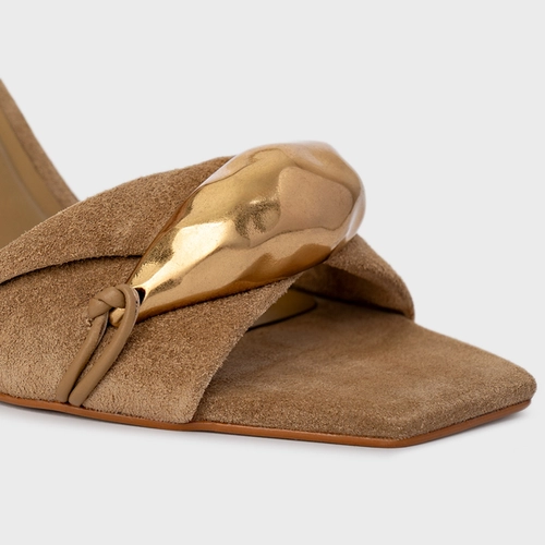 Sandália Gold Salto Anabela Couro Suede Bege Almond