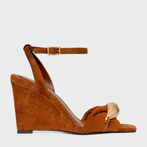 Sandália Gold Salto Anabela Couro Suede Marrom Ferrugem