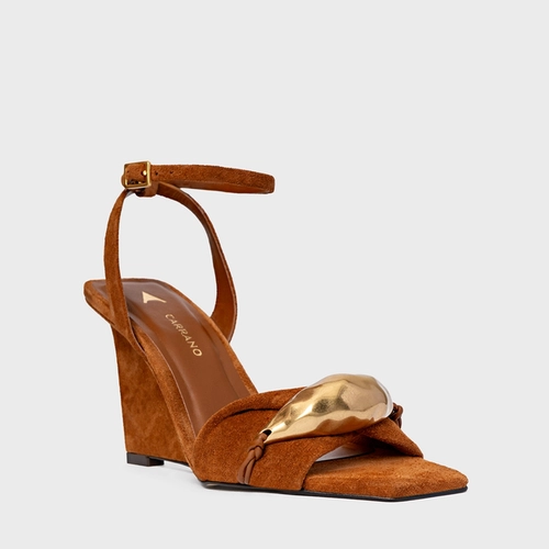 Sandália Gold Salto Anabela Couro Suede Marrom Ferrugem