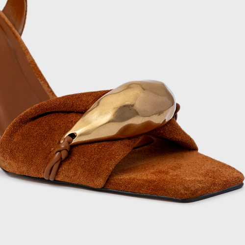 Sandália Gold Salto Anabela Couro Suede Marrom Ferrugem