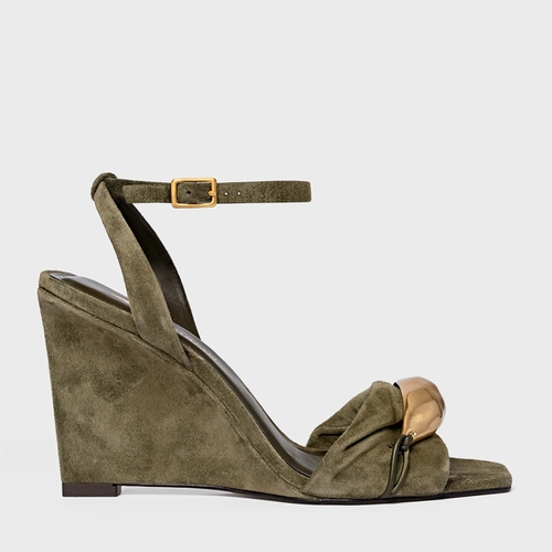 Sandália Gold Salto Anabela Couro Suede Verde Army Green