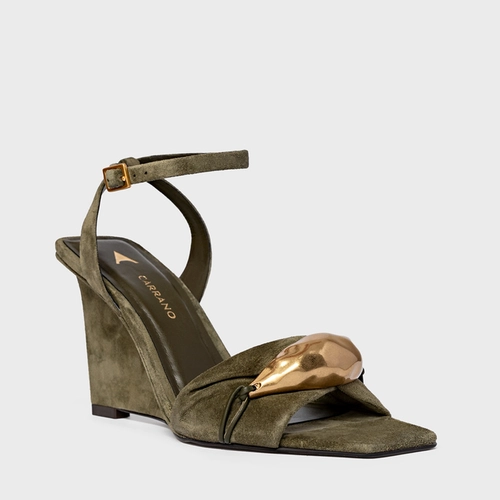 Sandália Gold Salto Anabela Couro Suede Verde Army Green