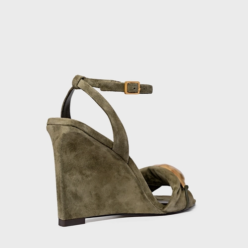 Sandália Gold Salto Anabela Couro Suede Verde Army Green