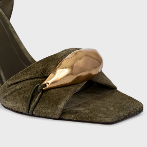 Sandália Gold Salto Anabela Couro Suede Verde Army Green