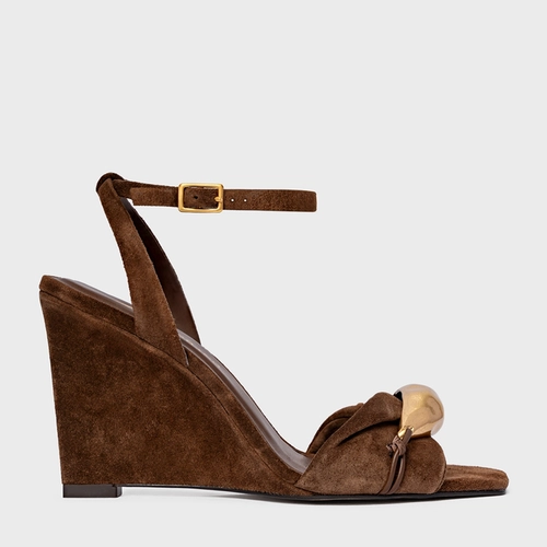 Sandália Gold Salto Anabela Couro Suede Marrom Brownie