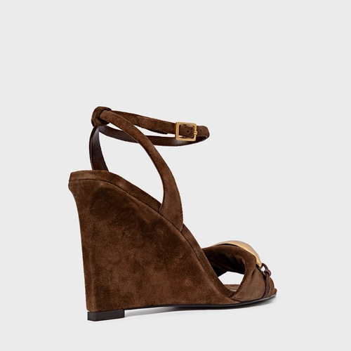 Sandália Gold Salto Anabela Couro Suede Marrom Brownie