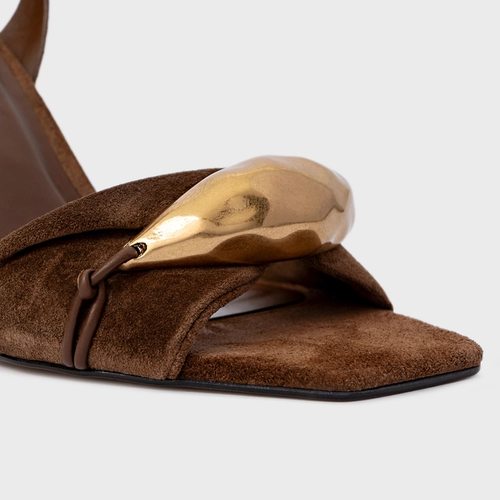 Sandália Gold Salto Anabela Couro Suede Marrom Brownie