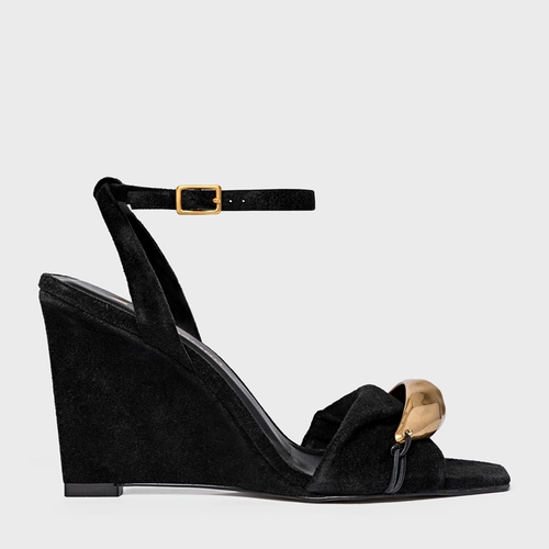 Sandália Gold Salto Anabela Couro Suede Preto