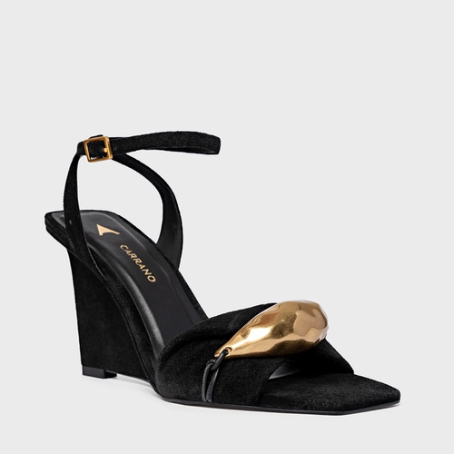 Sandália Gold Salto Anabela Couro Suede Preto