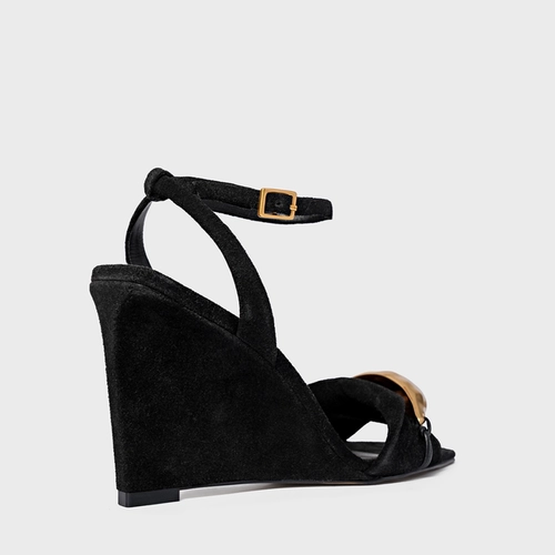 Sandália Gold Salto Anabela Couro Suede Preto