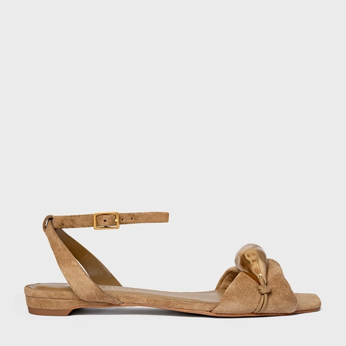 Sandália Flat Gold Couro Suede Bege Almond