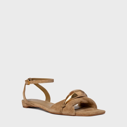 Sandália Flat Gold Couro Suede Bege Almond