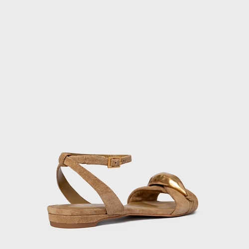 Sandália Flat Gold Couro Suede Bege Almond