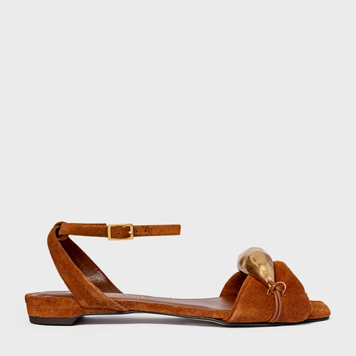 Sandália Flat Gold Couro Suede Marrom Ferrugem
