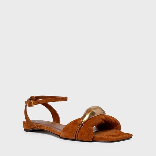 Sandália Flat Gold Couro Suede Marrom Ferrugem