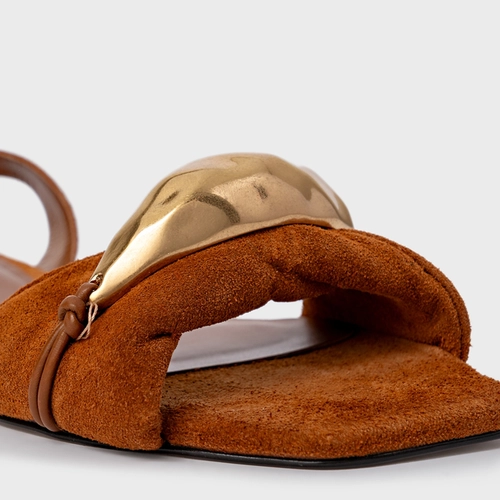 Sandália Flat Gold Couro Suede Marrom Ferrugem