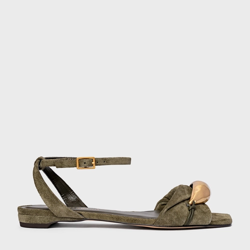 Sandália Flat Gold Couro Suede Verde Army Green