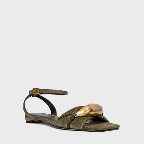 Sandália Flat Gold Couro Suede Verde Army Green