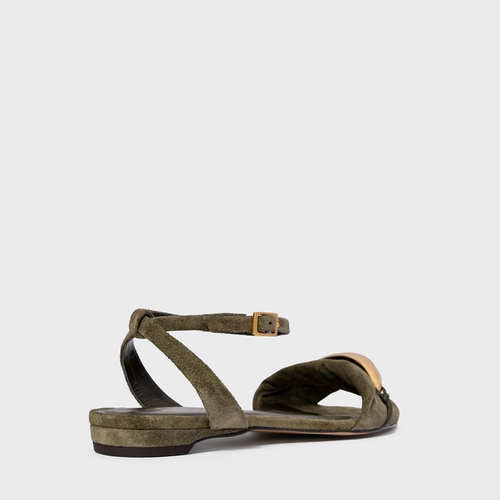 Sandália Flat Gold Couro Suede Verde Army Green