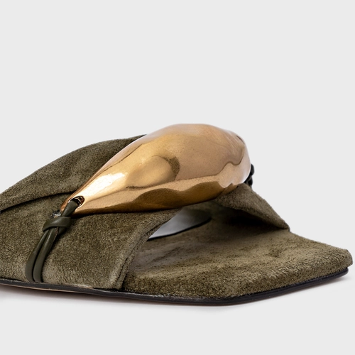 Sandália Flat Gold Couro Suede Verde Army Green