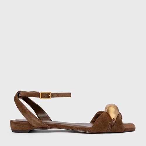 Sandália Flat Gold Couro Suede Marrom Brownie