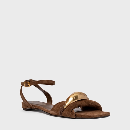 Sandália Flat Gold Couro Suede Marrom Brownie