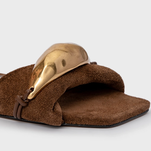 Sandália Flat Gold Couro Suede Marrom Brownie