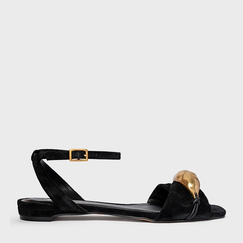 Sandália Flat Gold Couro Suede Preto