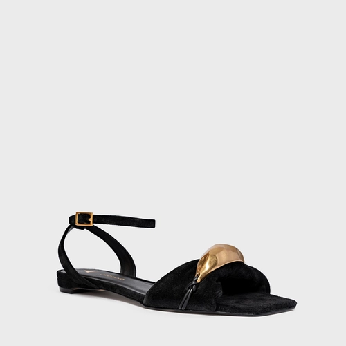 Sandália Flat Gold Couro Suede Preto