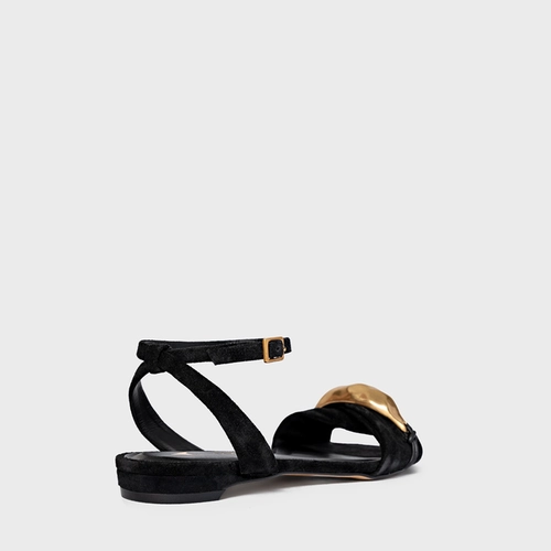 Sandália Flat Gold Couro Suede Preto