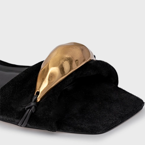 Sandália Flat Gold Couro Suede Preto