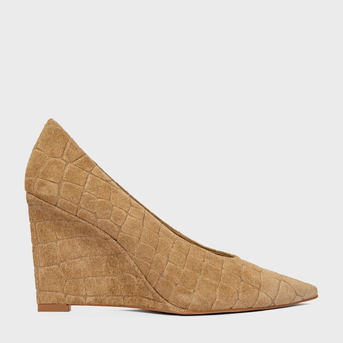 Scarpin Anabela Couro Croco Suede Bege Almond