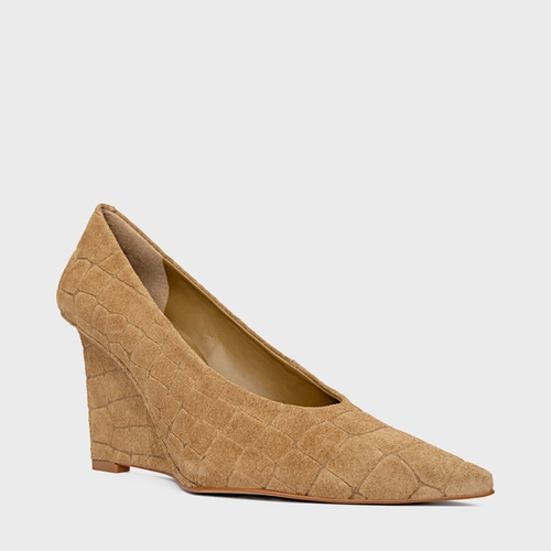 Scarpin Anabela Couro Croco Suede Bege Almond