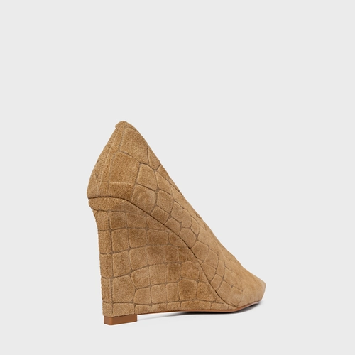Scarpin Anabela Couro Croco Suede Bege Almond