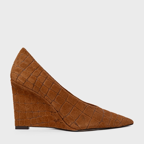 Scarpin Anabela Couro Croco Suede Marrom Saddle