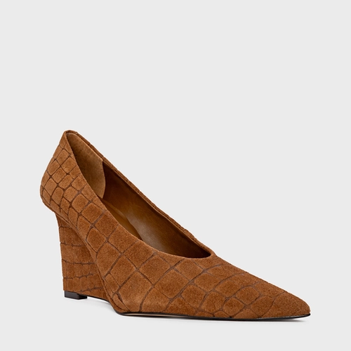 Scarpin Anabela Couro Croco Suede Marrom Saddle