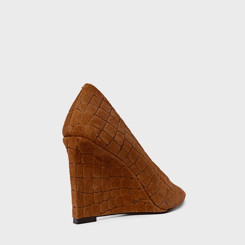 Scarpin Anabela Couro Croco Suede Marrom Saddle