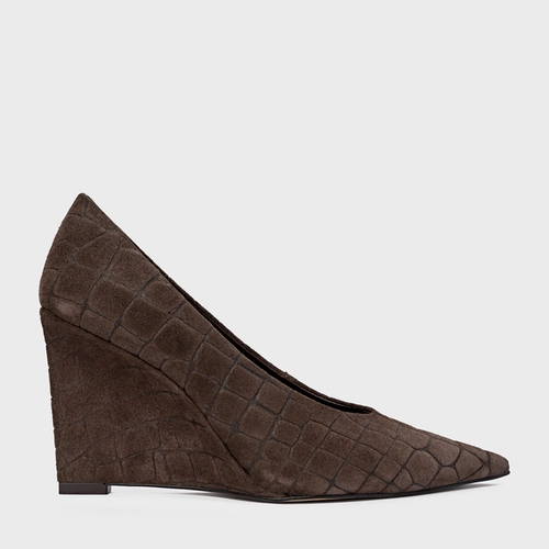 Scarpin Anabela Couro Croco Suede Marrom Dark Brown