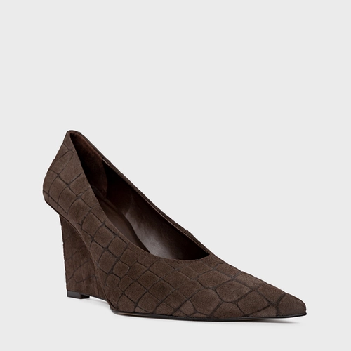 Scarpin Anabela Couro Croco Suede Marrom Dark Brown