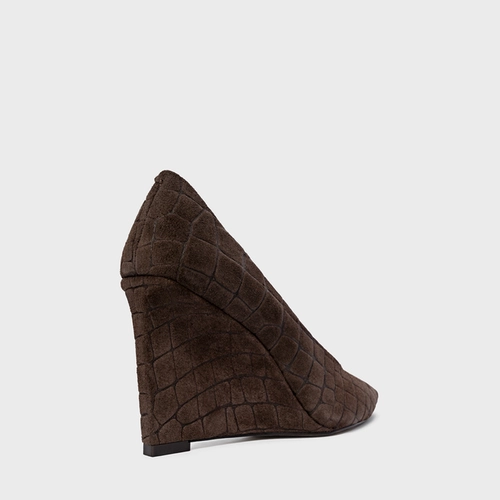 Scarpin Anabela Couro Croco Suede Marrom Dark Brown