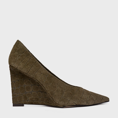 Scarpin Anabela Couro Croco Suede Verde Army Green