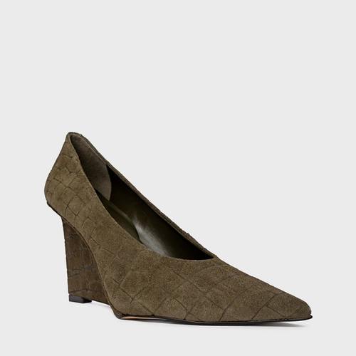 Scarpin Anabela Couro Croco Suede Verde Army Green